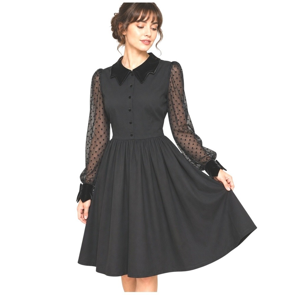 Retrolicious Velvet Trim Collar Dress M Dot Mesh Sleeve Goth Witchy Wednesday